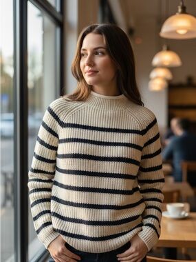 Talbots Cream and Black Ribbed Knit Sweater